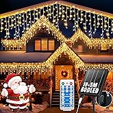 Solar Icicle Lights, 60+16Ft 600 LED Christmas Lights Outdoor Decorations 120 Drops 2400mAH Connectable Rechargeable Dimmable