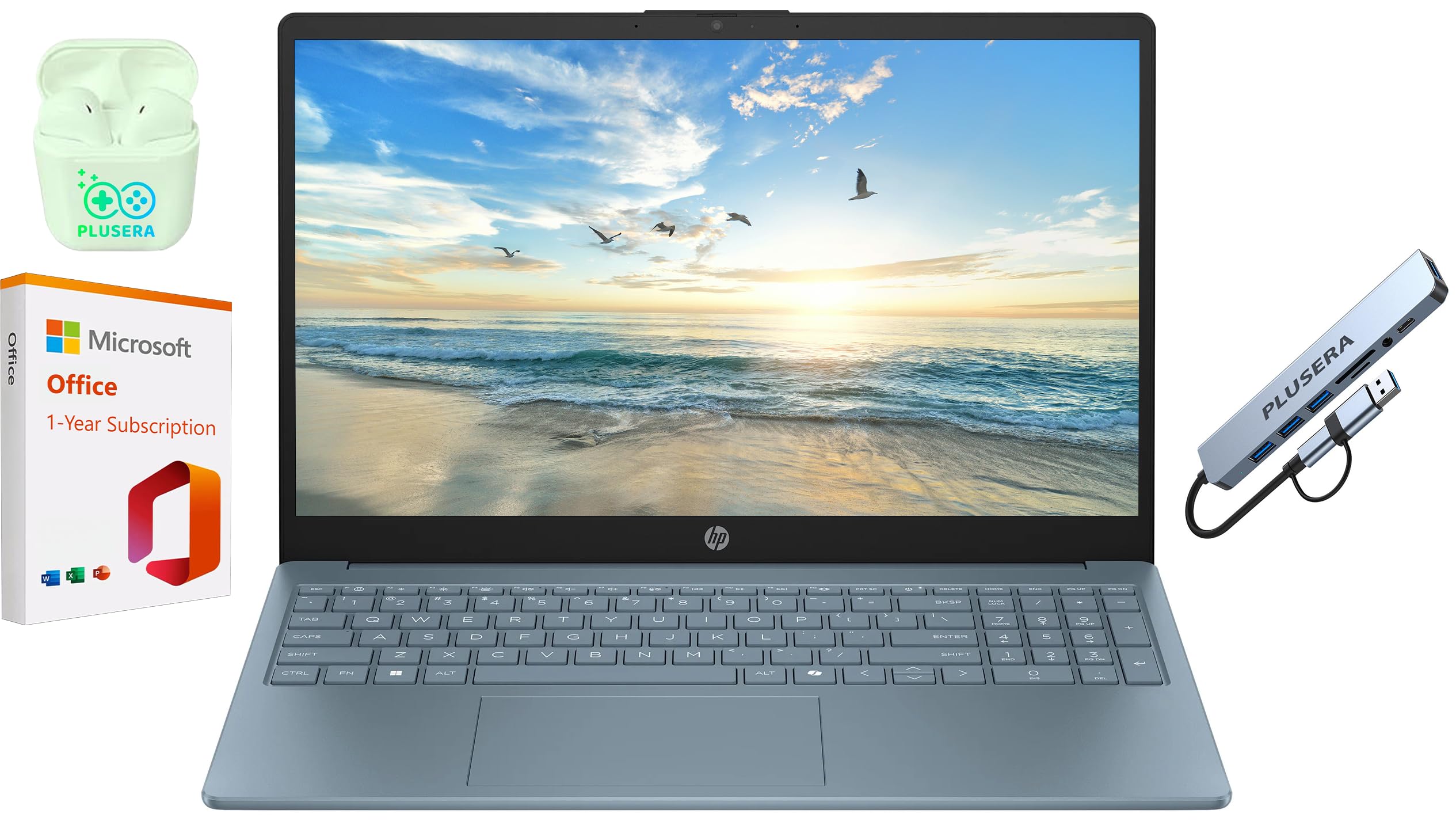 HP 15.6" Business Laptop with Microsoft Office 365, 16GB RAM 128GB UFS, Quad-Cores Intel Processor, Windows 11, PLUSERA Earphones & 8-in-1 Hub Included, Moonlight Blue