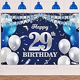 Happy 29th Birthday Banner Backdrop Navy Blue Balloons Confetti Stripe Flag Light Spots Cheers to 29 Years Old Theme Decorations Decor for Women Men 29th Birthday Party Bday Supplies Glitter Silver