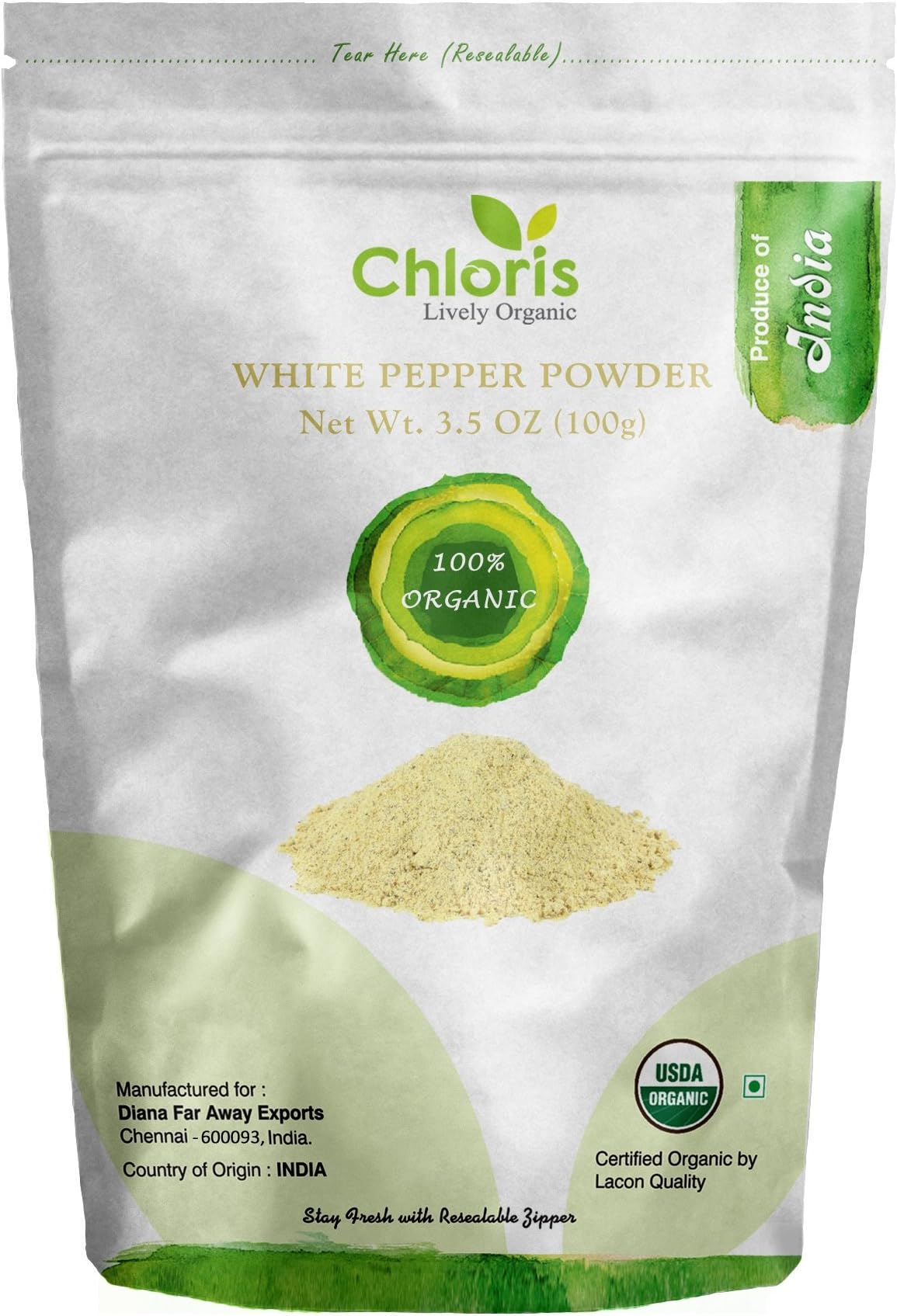 Chloris-Organic White Pepper Powder, 3.5 oz