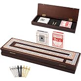 Wooden Cribbage Board Game Set with Magnetic Lock &amp; Metal Pegs, Travel | Three Track Board Magnetic Storage Two Decks Nine Pegs Folding Travel Design Smooth Wood Surface