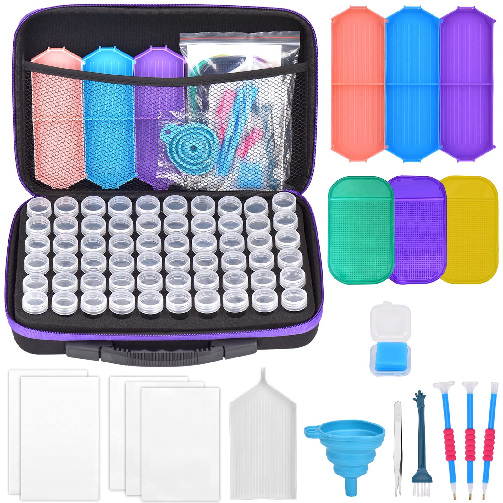 Queta 60 Compartments Diamond Painting Storage Box 5D Diamond Embroidery Sorting Box with Portable Eva Box Storage with Funnel Plate Funnel, DIY Craft with Quick Point Pen, Sticker Tweezers (Blue)
