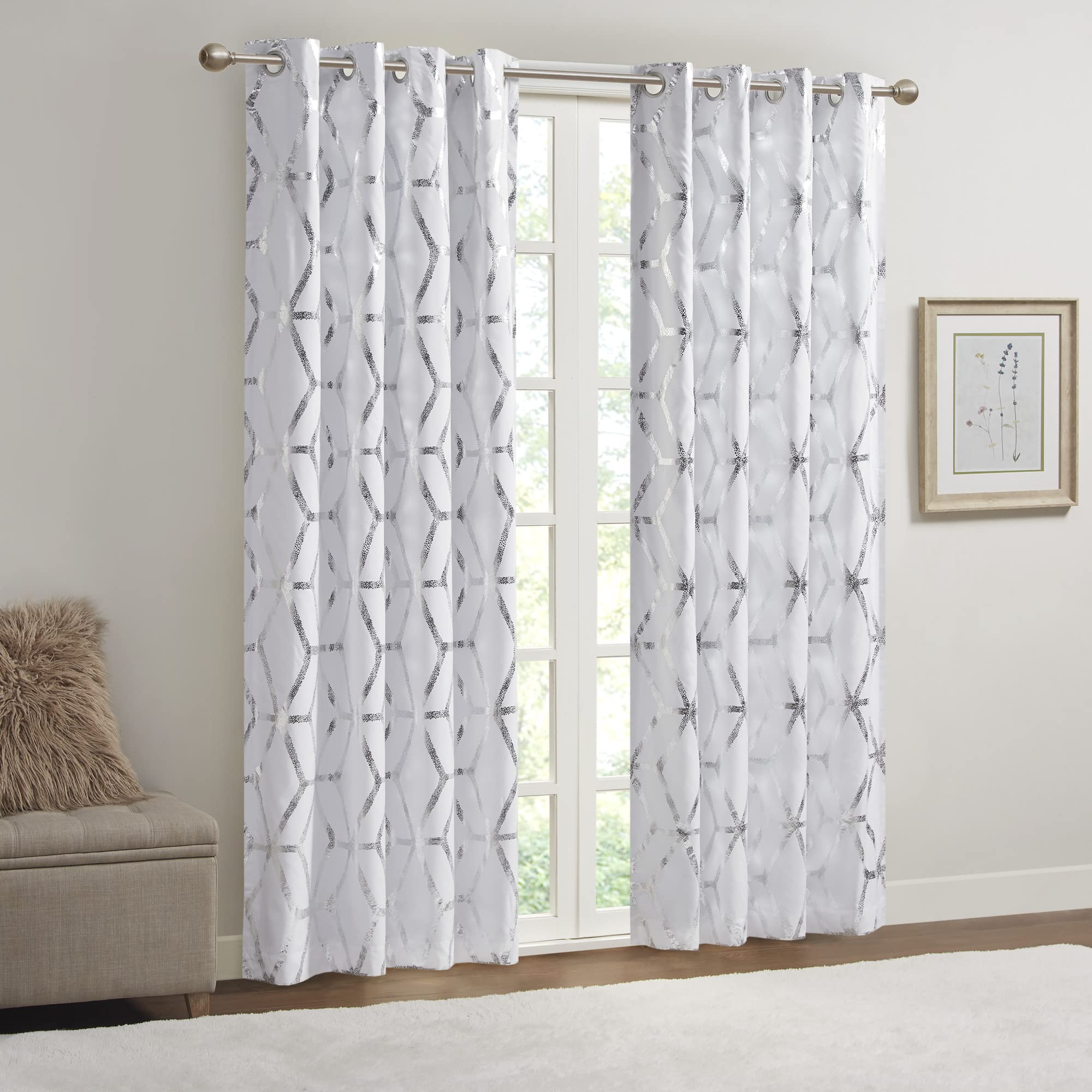 Comfort Spaces Vivian Total Blackout Window Curtain Panel Pair, Metallic Geometric Design, Thermal Insulated Light Blocking Drape for Bedroom and Apartments, 50x84, White/Silver, 2 Piece — image 1