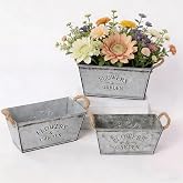 3PCS,Rectangular Flower and Garden Metal Flowerpot - Galvanized Metal Flowerpot Set with Rope Handle, Retro Country Style, Suitable for Parties, Weddings and Decoration, 3-piece Set