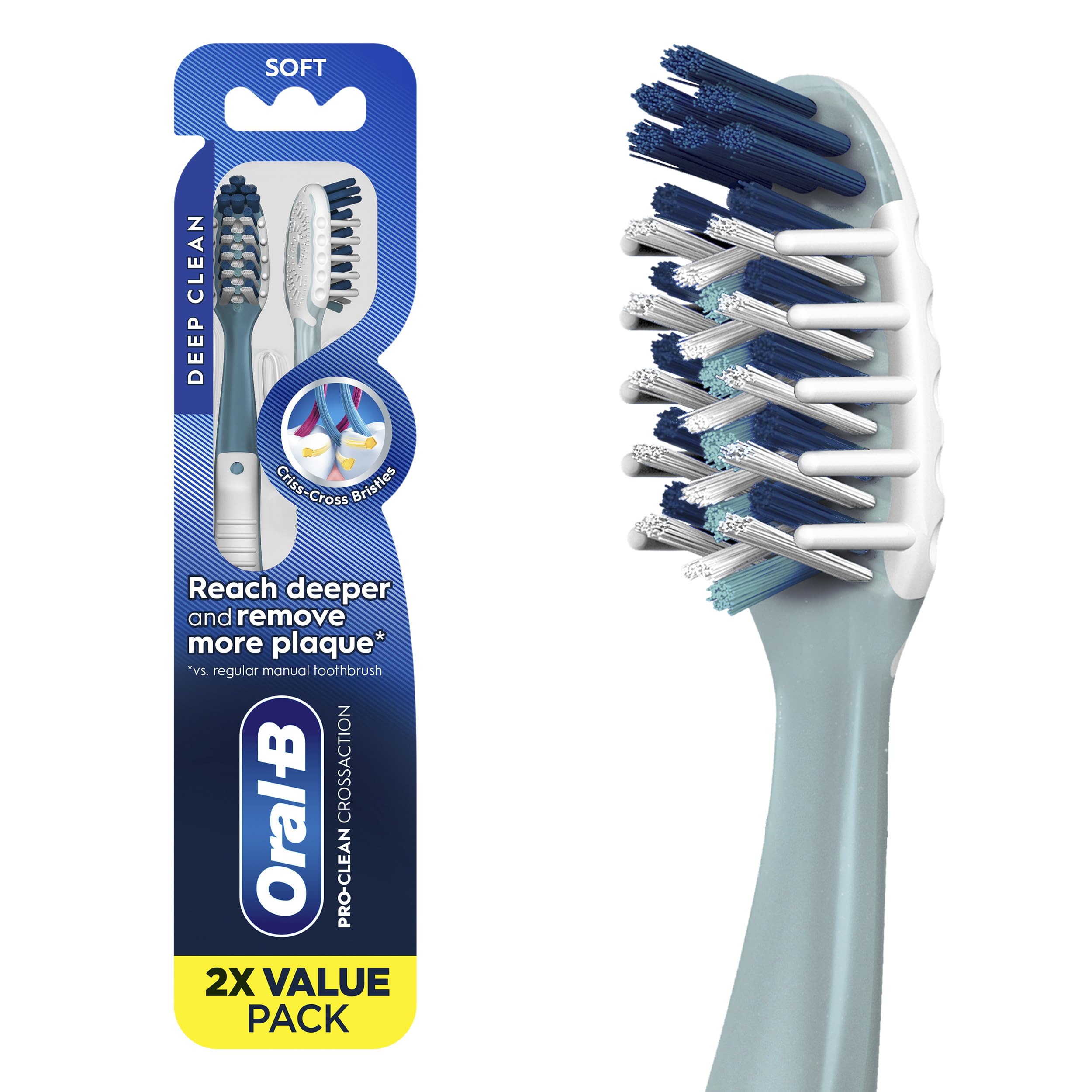 Oral-B Pro Health CrossAction Plaque Removal toothbrushes, 2 Count Toothbrush Soft, Deep Reach in Tight Spaces, Tongue Scraper Tooth Brush, Plaque Fighter, Gentle on Teeth, Gum stimulators