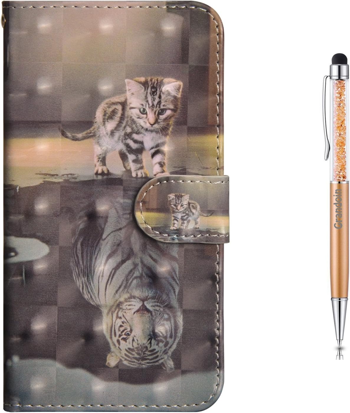 Grandoin for Huawei P20 Lite Case, 3D Creative PU Leather Magnetic Flip Cover with Card Slots Holders [Soft Silicone Inner] (Cat and Tiger)