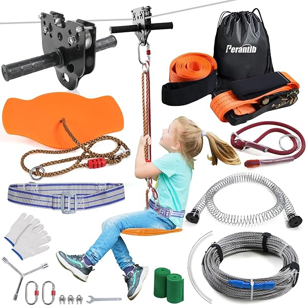 ZIPLINE FOR BACKYARD KIDS AND ADULTS,ZIPLINE KITS FOR BACKYARD WITH 120FT CABLE,6FT ZIPLINE SPRING BRAKE AND BELT,ZIP LINE TROLLEY WITH HANDLE,SEAT AND BAG