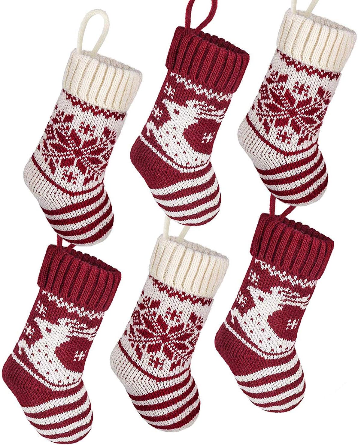 Stockings & Holders - LimBridge Christmas Mini Stockings, 6 Pack 9 inches Knit Knitted Snowflake Reindeer Rustic Holiday Decorations, Goodie Bags for Family Friends, Cream Burgundy