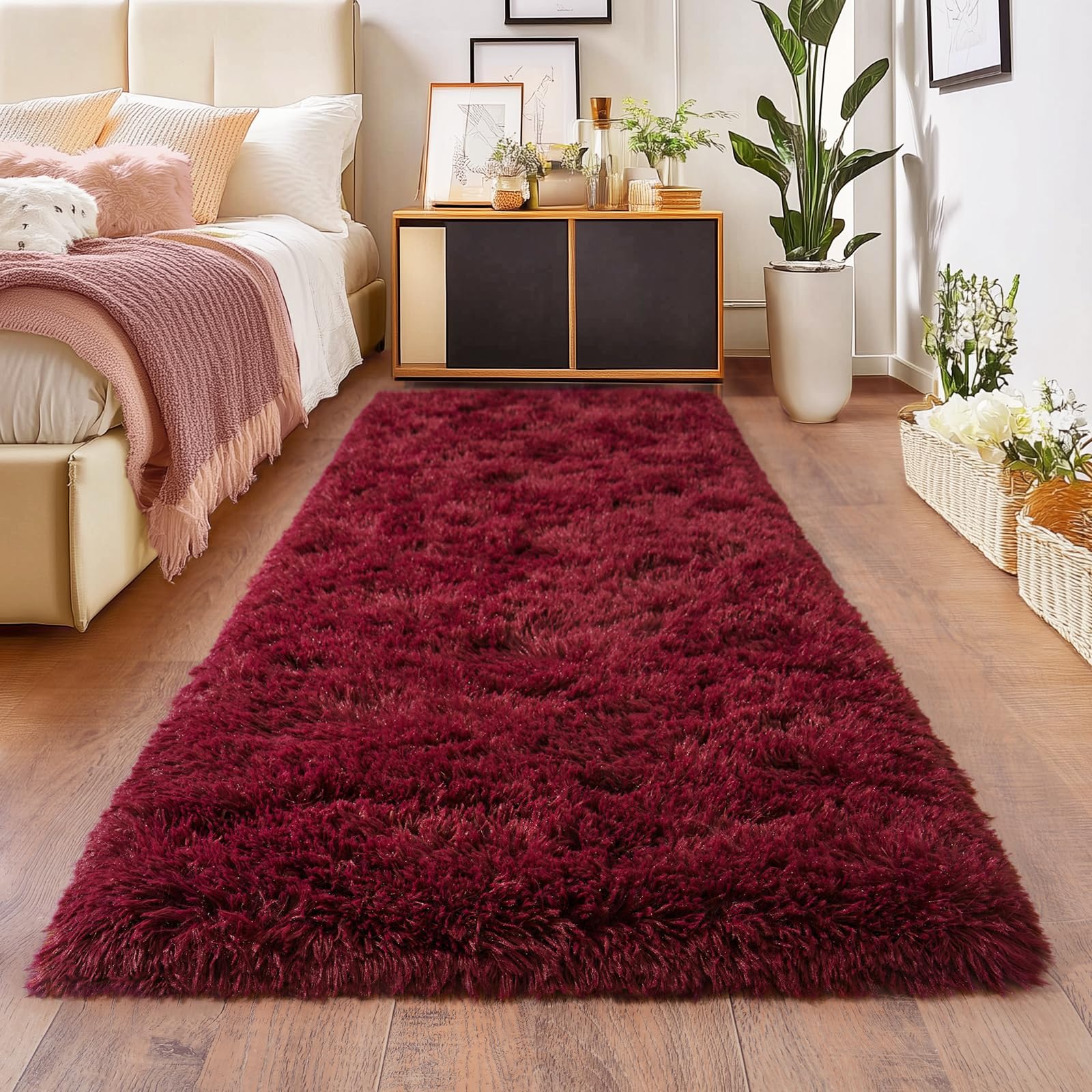 Photo 1 of Burgundy Runner Rug for Hallway, Bedroom Bedside Plush Rugs, Non Slip Fluffy Shaggy Carpet for Kids Home Decor, Dorm Nursery 2x6 Ft