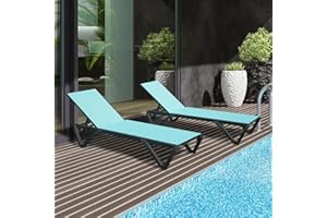 DOMI OUTDOOR LIVING Domi Pool Lounge Chairs Set of 2, Adjustable Aluminum Plastic Outdoor Chaise Lounge, All Weather for Outside Beach Poolside Lawn-Lake Blue Textilene