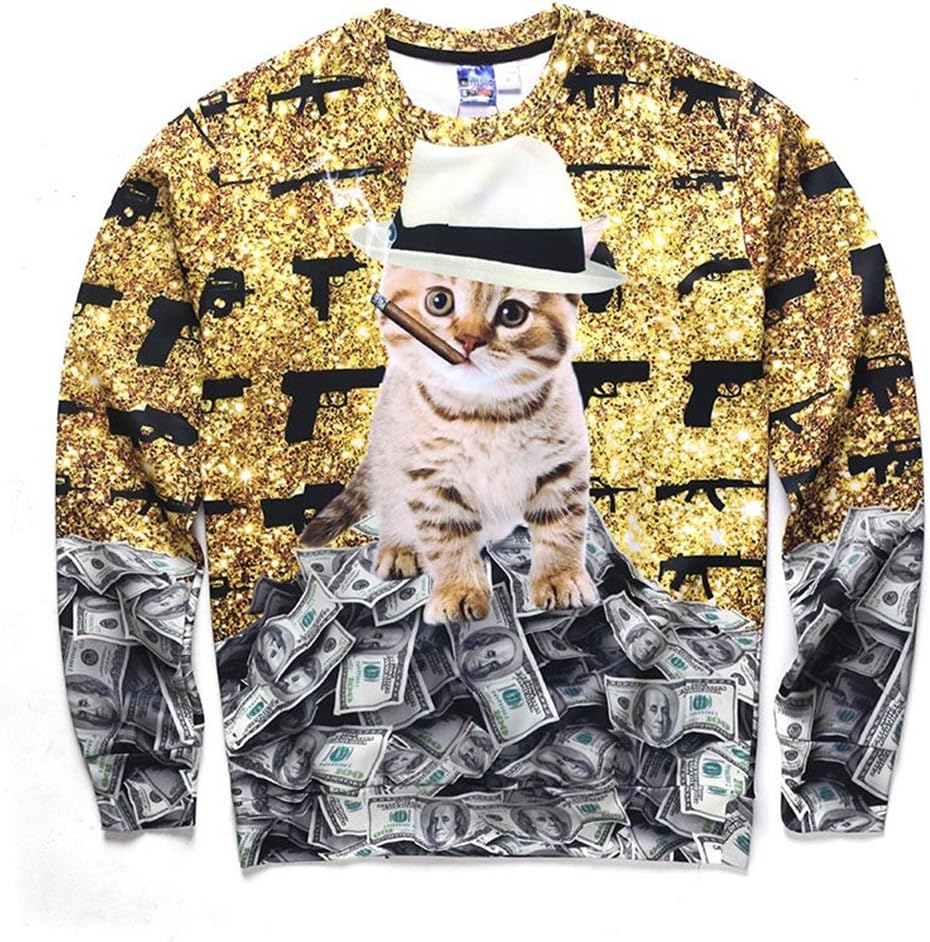 Fsanly Men/Women 3D Sweatshirts Funny Print Smoking Cat and Gun Dollars Thin Style Autumn Winter Casual Hoodies