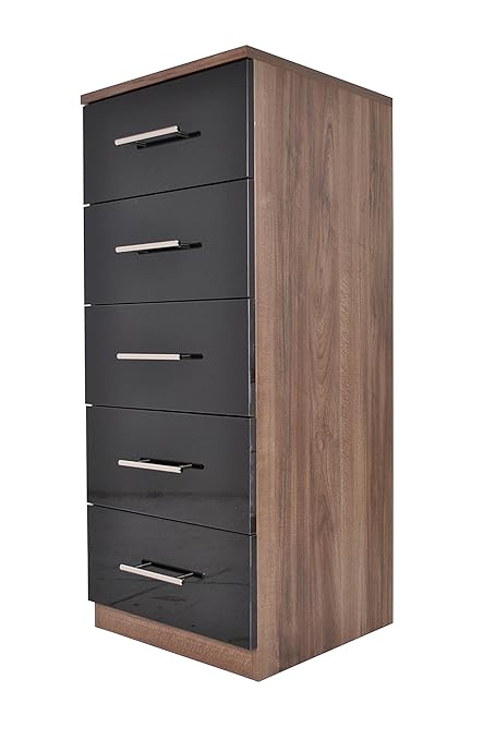 B Q Darwin 5 Drawer Walnut Black High Gloss Narrow Chest W 50