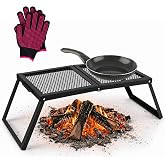 Wakeman Outdoors Folding Campfire Grill Grate with 19.75&rdquo; Cooking Surface | Portable 27x12x8.75in Heavy Duty Iron Camping Grill Grate with Foldable Legs, Storage Bag, and Heat-Resistant Gloves