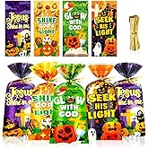HOWAF 100pcs Christian Halloween Pumpkin Cellophane Bags, Halloween Goodie Bags with Twist Ties for Religious Halloweens Party Supplies, Christian trick or treat Bag for Church Gift Wrapping