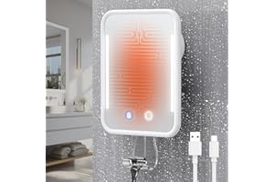 Gospire Heated Shower Mirror Fogless for Shaving with Light, 5000mAh Rechargeable Battery, Detachable Suction Cup and Razor Holder for Wall, NO-Drilling, Removable, Waterproof for Bathroom - White