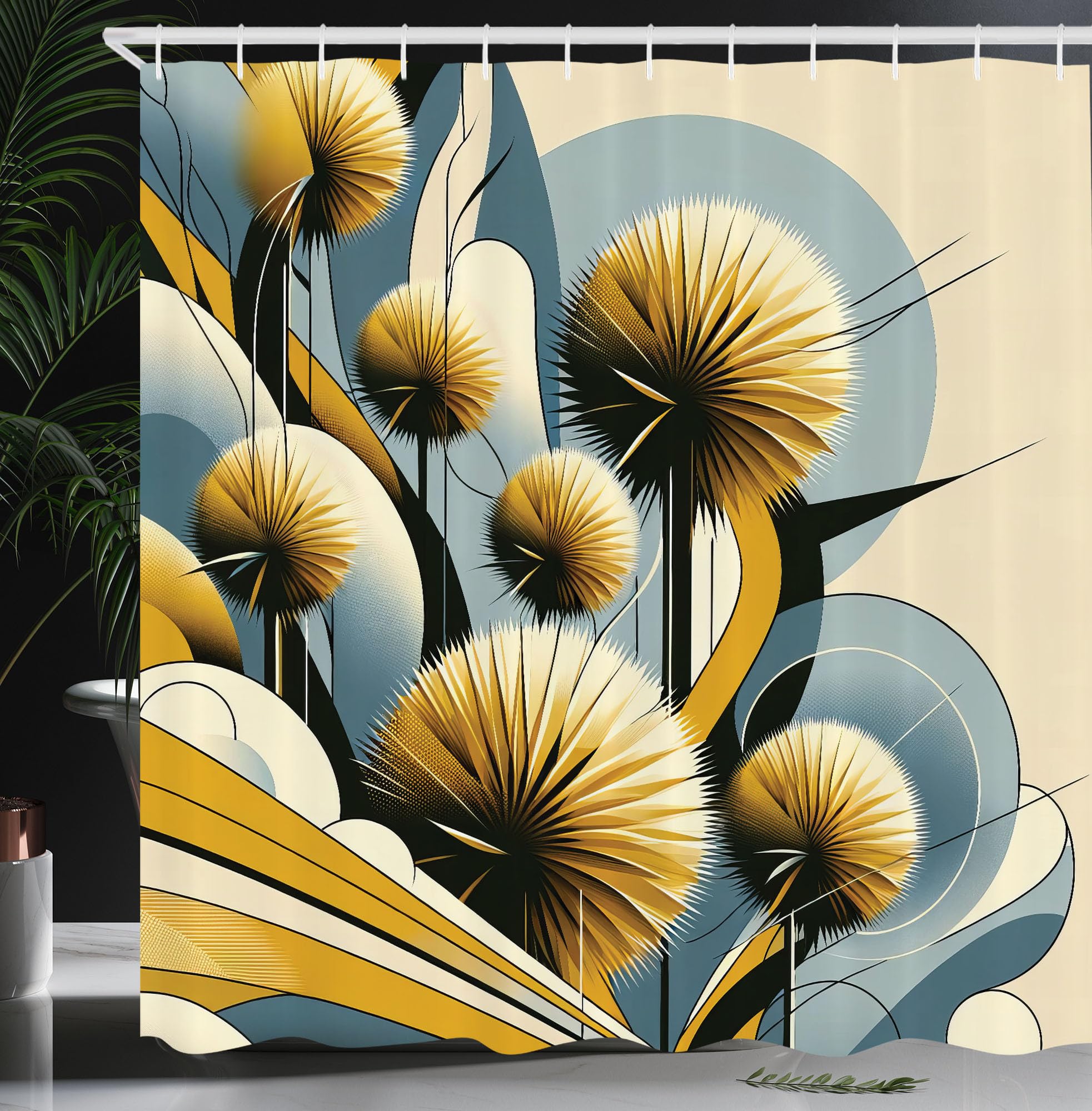 ABAKUHAUS Floral Eucalyptus Shower Curtain, Summery Thistles, Cloth Fabric Bathroom Decor Set with Hooks, 175 x 200 cm, Mustard Blue-Grey Cream