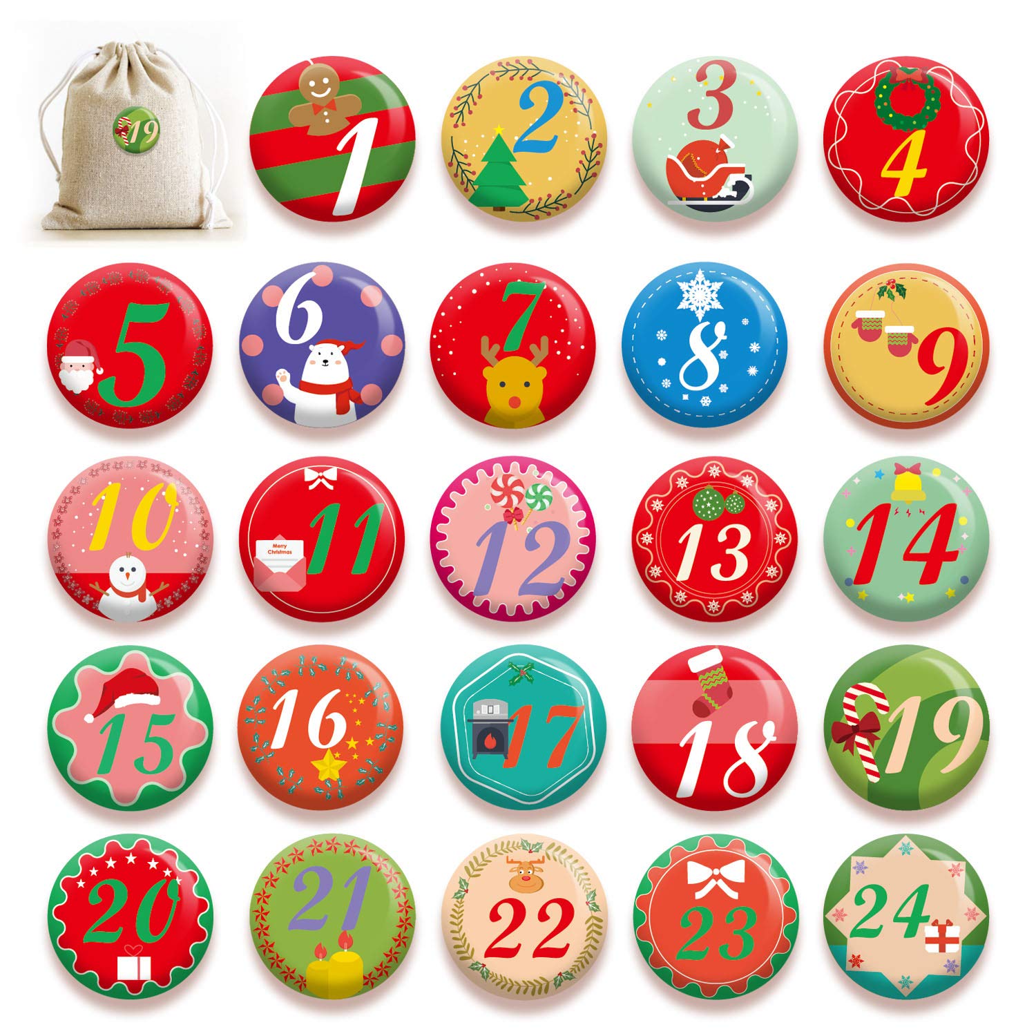 HOWAF Number 24 Christmas Advent Calendar Buttons Decorative for Christmas Countdown Advent Calendar Gift Bag Box Decoration, 24 Calendar Badge for DIY Craft Advent Calendar Supplies