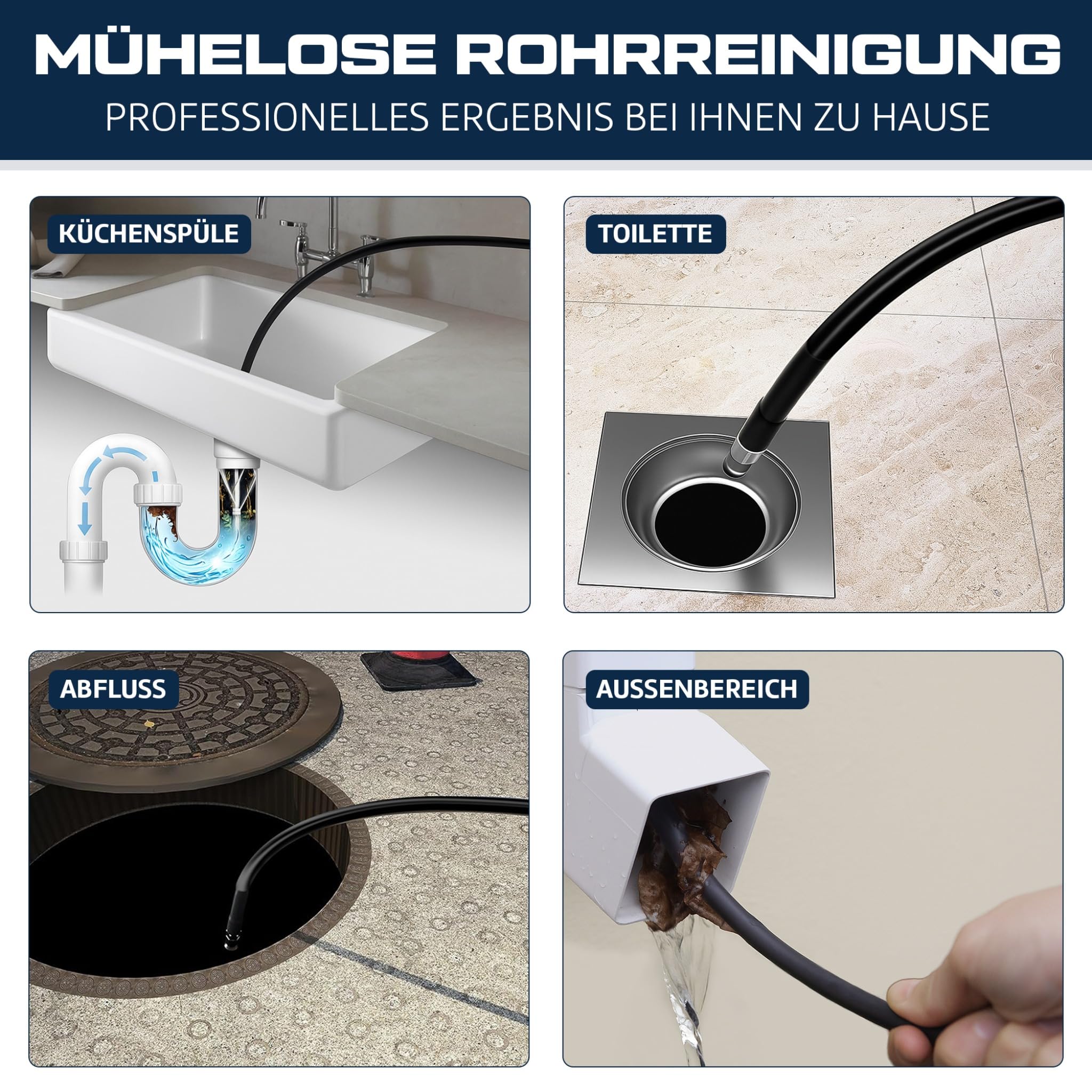 10-in-1 Rohrreinigungsschlauch Hochdruck 35 m – Extra Lang Verstärkt – 5 Düsen + 3 Messing Adapter – Kompatibel mit Kärcher Rohrreiniger 6