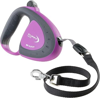 Laisse Chien Enrouleur FLIPPY TECH, Laisse Chiens de Taille Moyenne jusqu'à 25 Kg. Sangle Extensible max 3 m. Bouton de verrouillage et de déverrouillage unique, violet