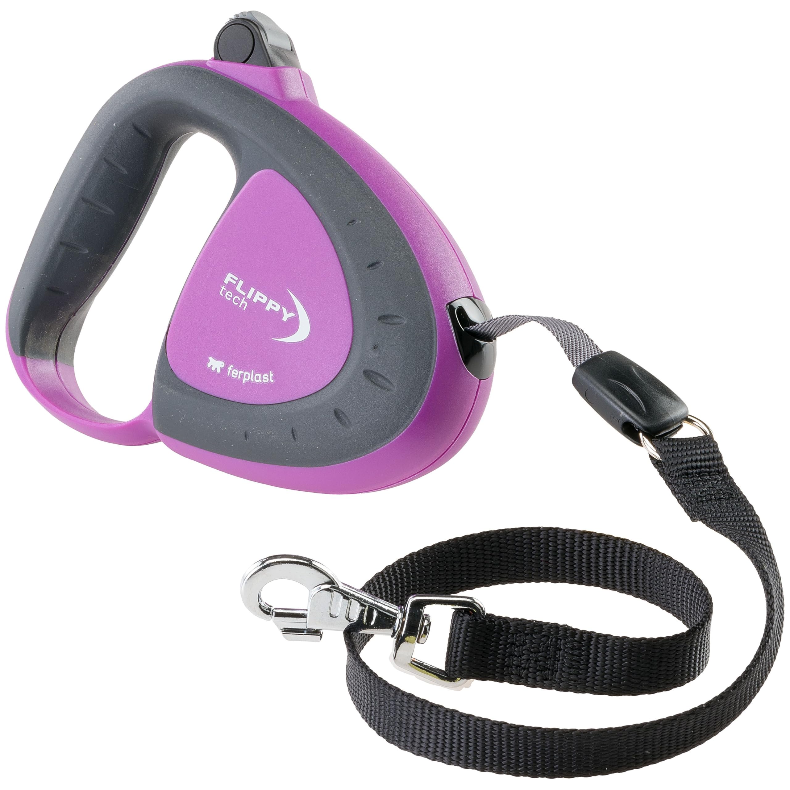 Ferplast Retractable Dog Lead for up to 25 kg Dogs, 3 m Strong Nylon Tape/Ribbon, Extendable Lead Single Lock and Release Button, Purple