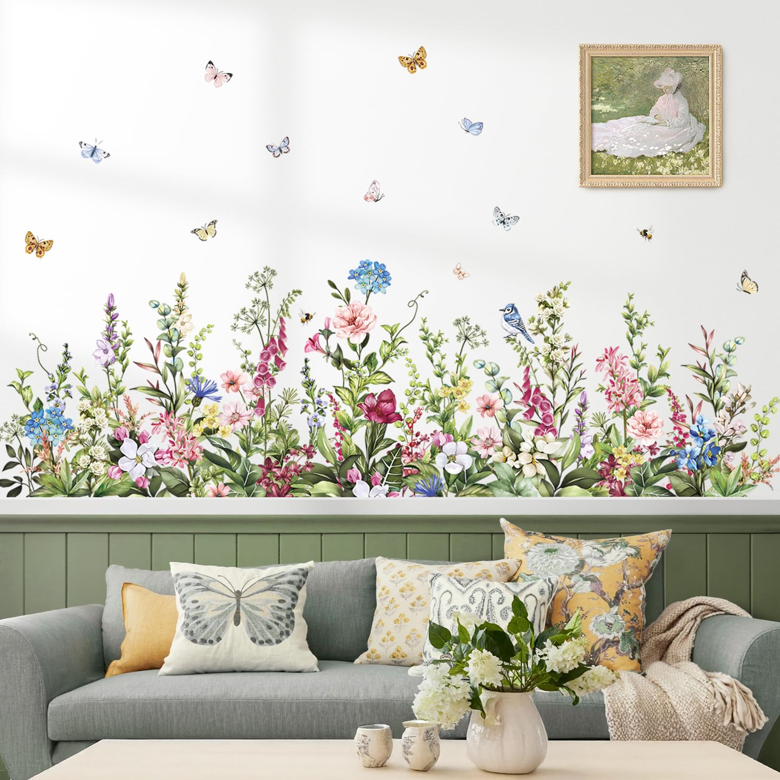 wondever Wildflower Grass Butterflies Wall Corner Stickers Garden Floral Baseboard Skirting Line Peel and Stick Wall Art Decals for Bedroom Living Room Sofa