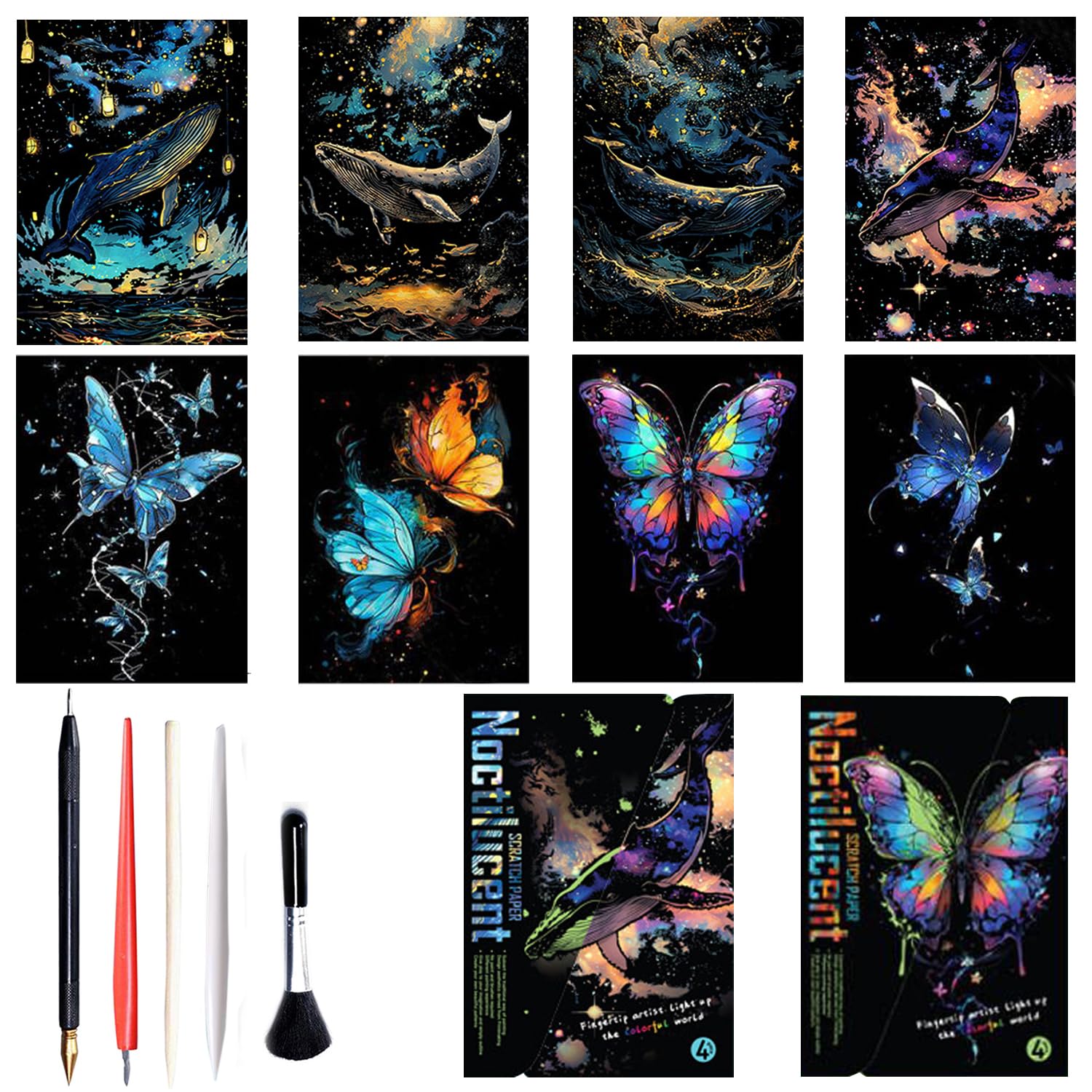 Georgie Porgy Scratch Art Paper Set DIY Arts Craft Kits for Kids Magic Rainbow Cards Boards Christmas Birthday Present for Boys Girls (Glow in the Dark Butterfly + Whale) β image 1
