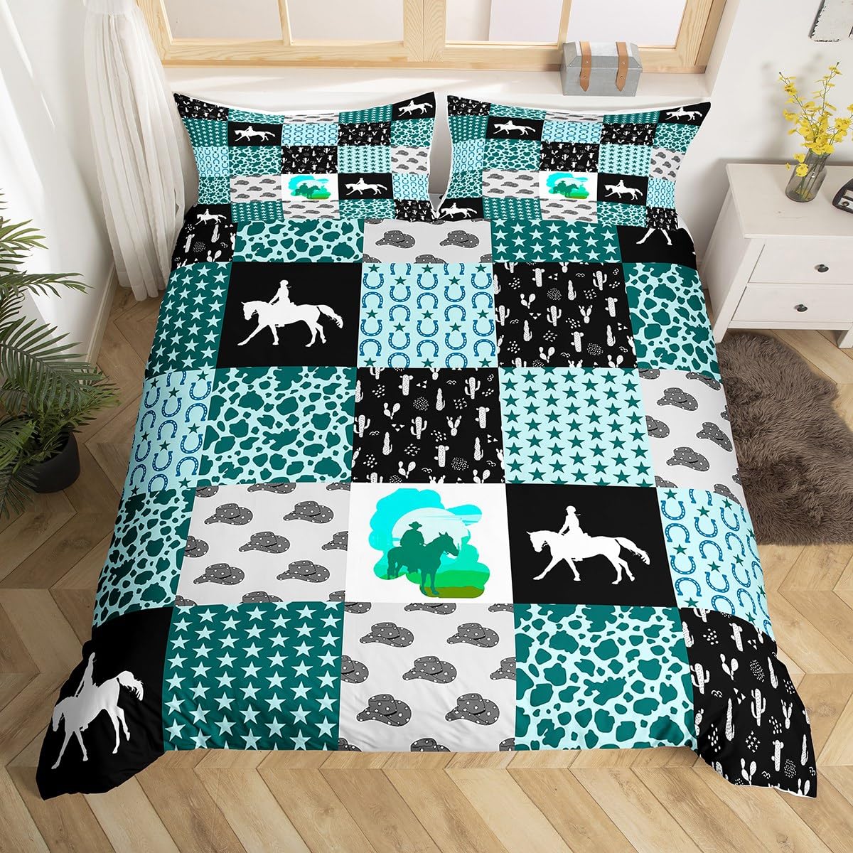 Cowboy Duvet Cover Set Super King Size, Western Cactus Hat Star Horseshoes Cow Print Comforter Cover with 2 Pillowcases, Green Lattice Patchwork Bedding Set 3pcs for Kid Lightweight Bedspread Cover