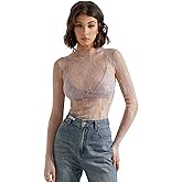 SUUKSESS Women Sexy Mesh Sheer Long Sleeve Tops Mock Neck Going Out Lace Shirts