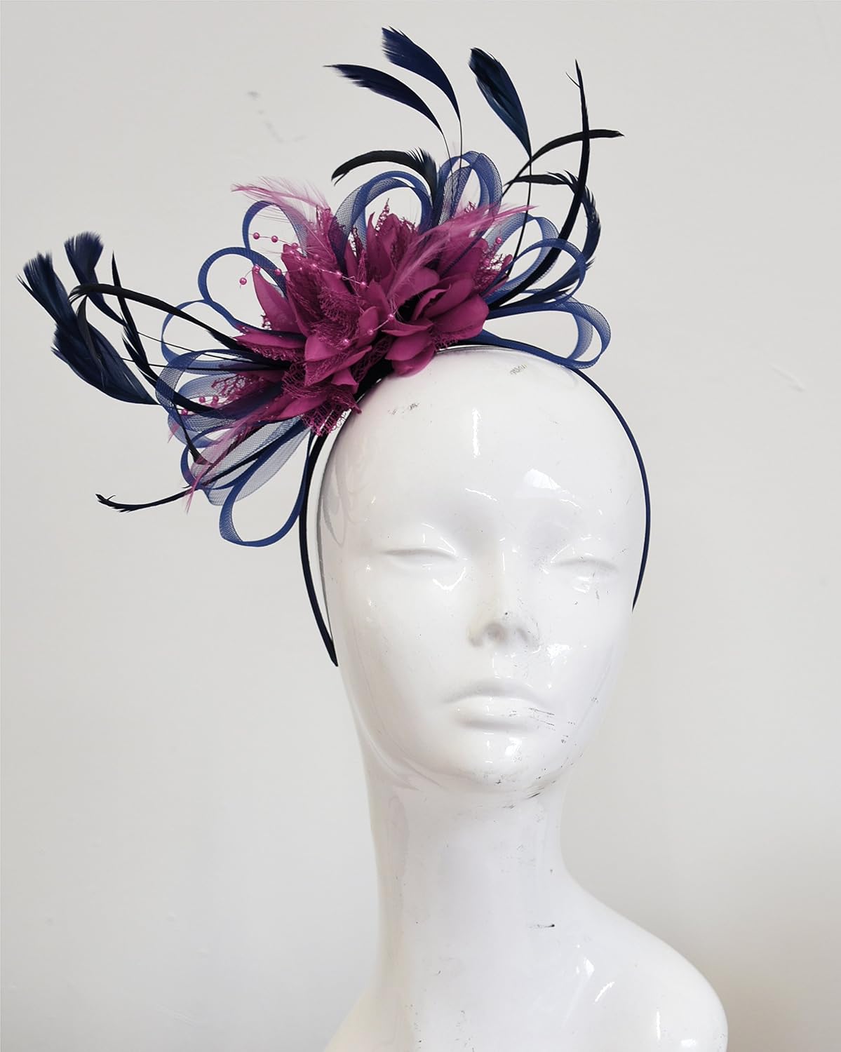 Navy Blue and Hot Pink Fuchsia Feather Hair Fascinator Headband Wedding Royal Ascot Races Ladies, Unisize - Image 3