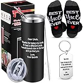 Hushee 3 Pack Uncle Gift Set From Niece Nephew - 20 oz Travel Mug, Best Uncle Ever Socks, Keychain - Funny Fathers Day Birthday