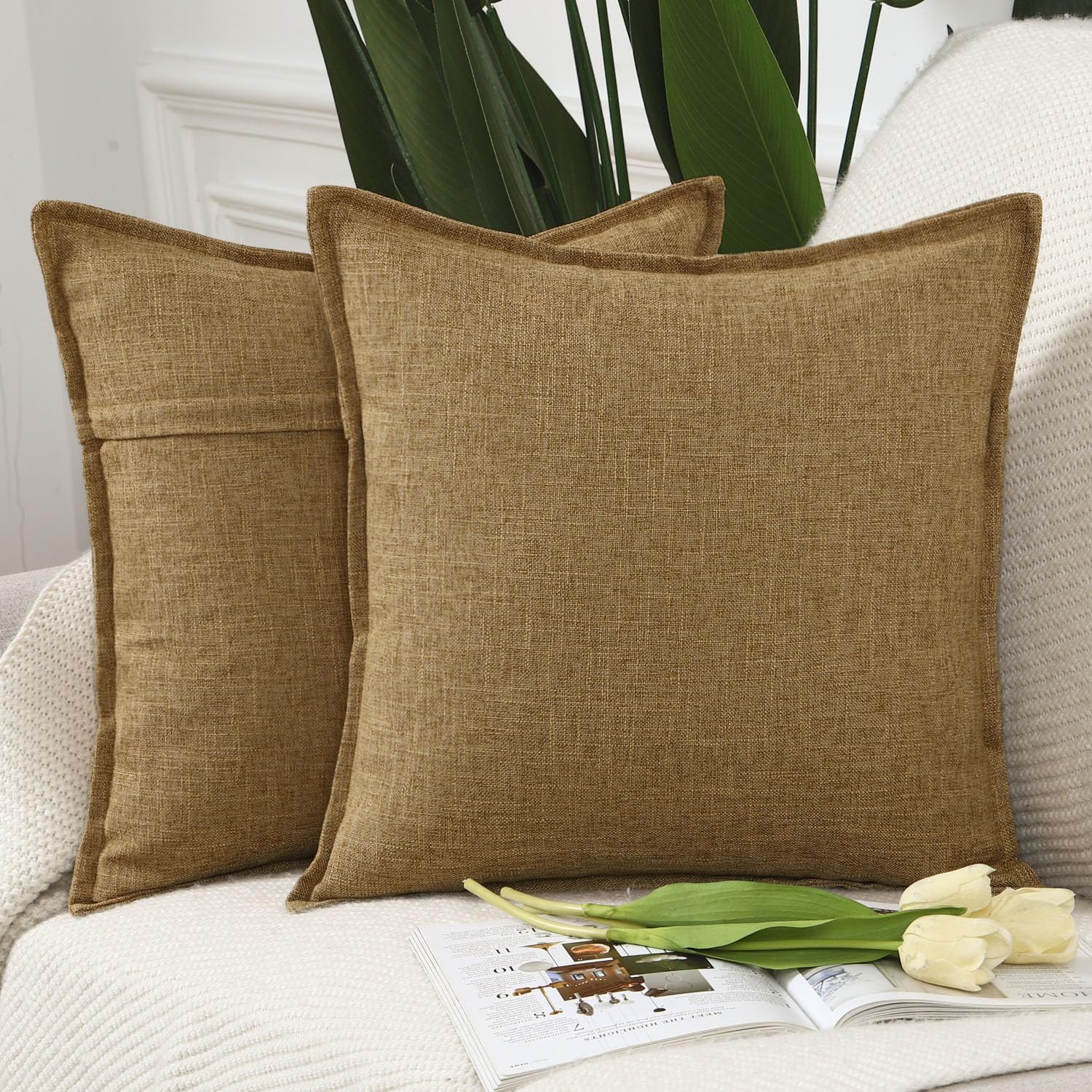 Madizz Set of 2 Faux Linen Cushion Covers 16x16 inch, 40x40 cm, Ginger Soft Decorative Couch Pillows for Bed Pillowcases for Sofa Livingroom Home Decor — image 1