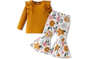 Kislio Toddler Baby Girl Clothes Long Sleeve Ruffle Ribbed Solid Color Tops Flare Pants Bell Bottoms Fall Winter Outfit Set