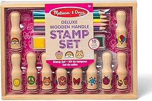 Melissa & Doug Deluxe Happy Handle Stamp Set with 10 Stamps, 5 Colored Pencils, and 6-Color Washable Ink Pad