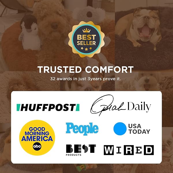 BEDSURE CALMING DOG BED FOR LARGE DOGS – DONUT WASHABLE LARGE PET BED, 36 INCHES ANTI-SLIP ROUND FLUFFY PLUSH FAUX FUR DOG BED, FITS UP TO 80 LBS PETS, PALE GREY