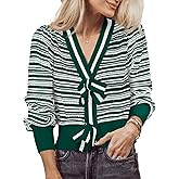 Saodimallsu Womens Striped Cropped Sweaters V Neck Cute Bow Tie Puff Sleeve Loose Knit Trendy Pullover Sweater