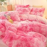 SUCSES Pink Fluffy Girls Bedding Full Size, 3 Pieces Faux Fur Plush Shaggy Duvet Cover Set, Tie Dye Rainbow Furry Comforter Cover Set, Colorful Ombre Kids Bed Set (Hot Pink, Full)