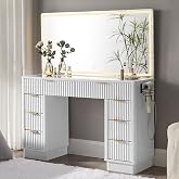 T4TREAM 48" Fluted Makeup Vanity Desk with Led Lighted Mirror, White | Large Modern Vanity Table with 8 Drawers &amp; Charging Station, Glass Top Dressing Table for Bedroom