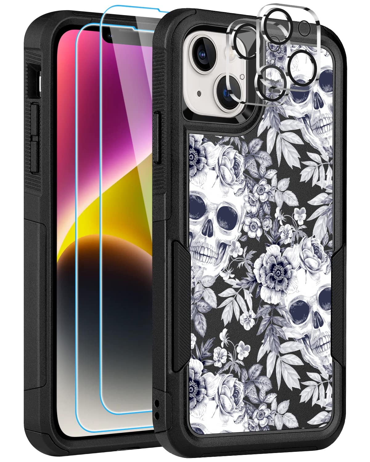 LOQUPE [5 in 1 for iPhone 14 Plus Case,with 2 Pack Screen Protector + 2 Pack Camera Lens Protector,Heavy-Duty Tough Rugged Lightweight Slim Shockproof Protective Case for Women Girls,Cute Skull