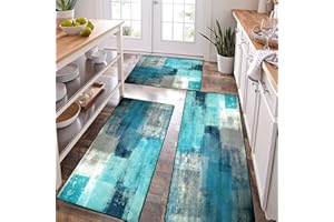 TOMWISH Kitchen Mat Turquoise Kitchen Rugs Sets 3PCS Grey Abstract Art 20"X32"+20"X48"+20"X59"Kitchen Mats for Floor Washable Non-Slip Kitchen Floor Mats Decor Dining Room Office Sink Laundry