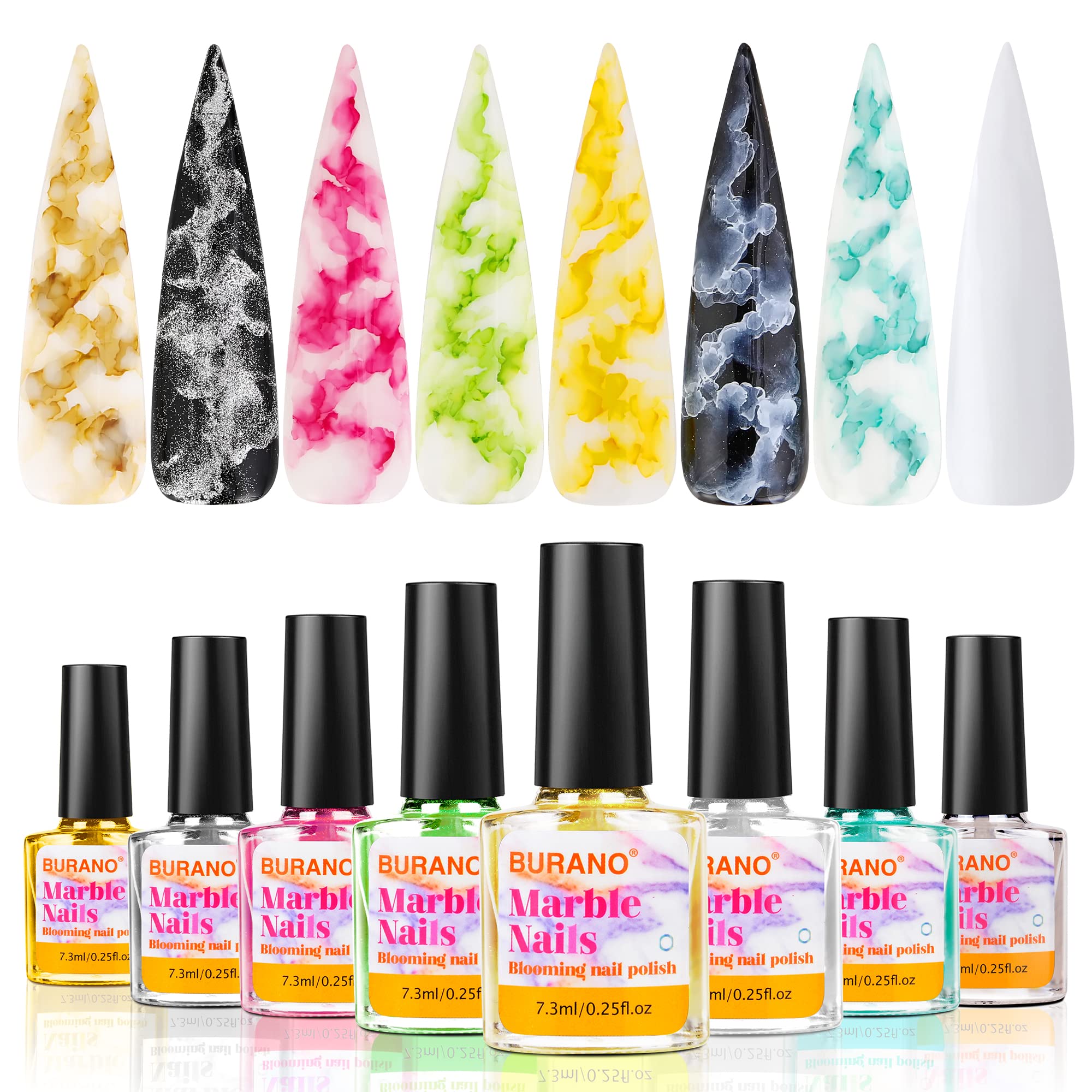 BURANO Marble Nail Polish, Blooming Gel Nail Polish Glitter Effect Tints Nail Marble Ink Watercolor Effect Alcohol Tint Liquid for Nails Water Art Inks Set 8 Colors (Marble03)