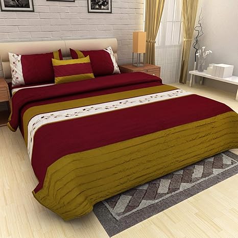 Pret Home King Size Faux Silk Quilted Bedspread Bed Cover with 2 Cushion Covers and 2 Pillow Covers (Olive Maroon)