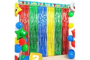 WENSEO Super Bros Birthday Party Decoration, 2 Pack Red Green Blue Yellow 3.3 x 6.6ft Foil Fringe Curtains Tinsel Photo Booth Props Streamers Backdrop for Video Game Mario Theme Birthday Party Supplies