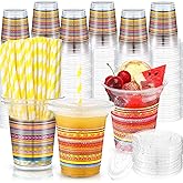 Jingmore 100 Pack 12 oz Fiesta Plastic Cups with Lids and Paper Straw Mexican Cup Clear Disposable Margarita Glasses Cinco De Mayo Party Decorations for Taco Hispanic Heritage Birthday Party Supplies