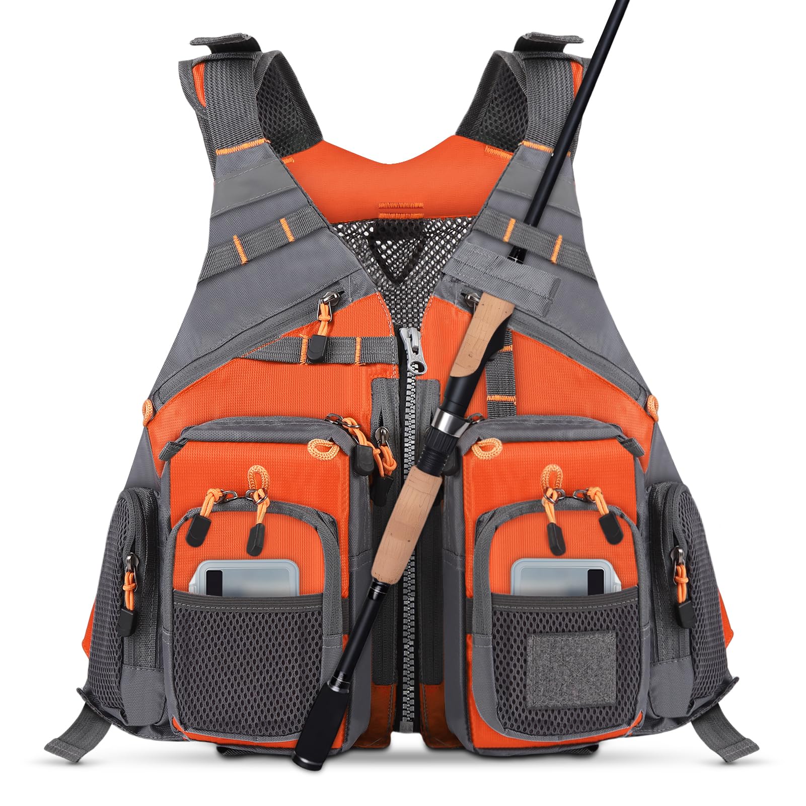 Photo 1 of ZEMBSOYA Fly Fishing Vest Oxford Cloth Adjustable Strap Breathable Multi Pockets Utility Fishing Vest for Men and Women (Orange)