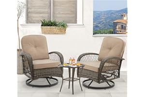 EROMMY 3 Pieces Outdoor Swivel Rocker Patio Chairs, 360 Degree Rocking Patio Conversation Set with Thickened Cushions and Glass Coffee Table for Backyard, Khaki