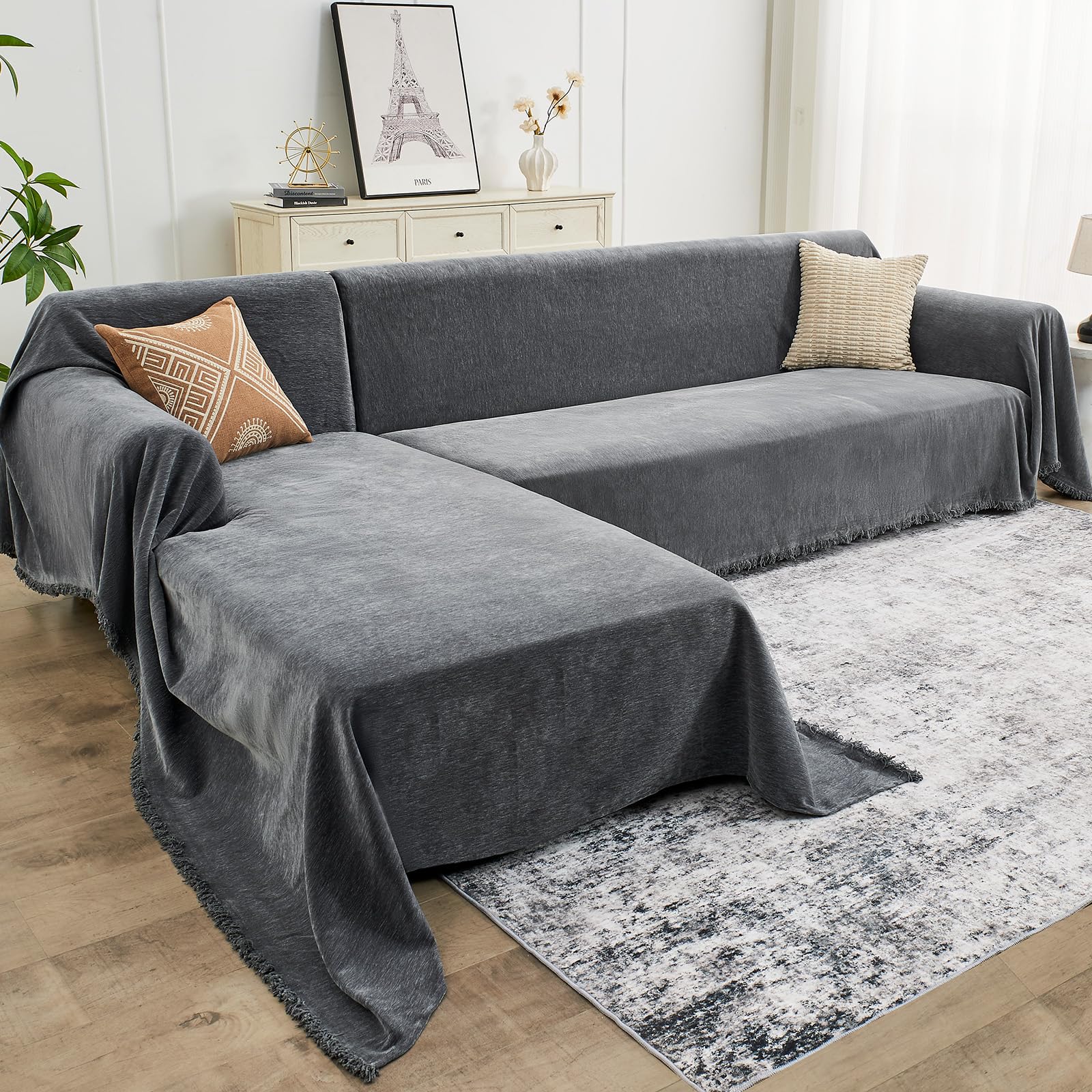 Photo 1 of CAPALOCA Sectional Couch Covers, 2 Pieces Chenille Sofa Cover L Shaped Couch Cover Blanket for Dogs Washable Sofa Slipcovers Pet Furniture Protector (X-Large: 71" x 110" + 71" x 118", Dark Gray)