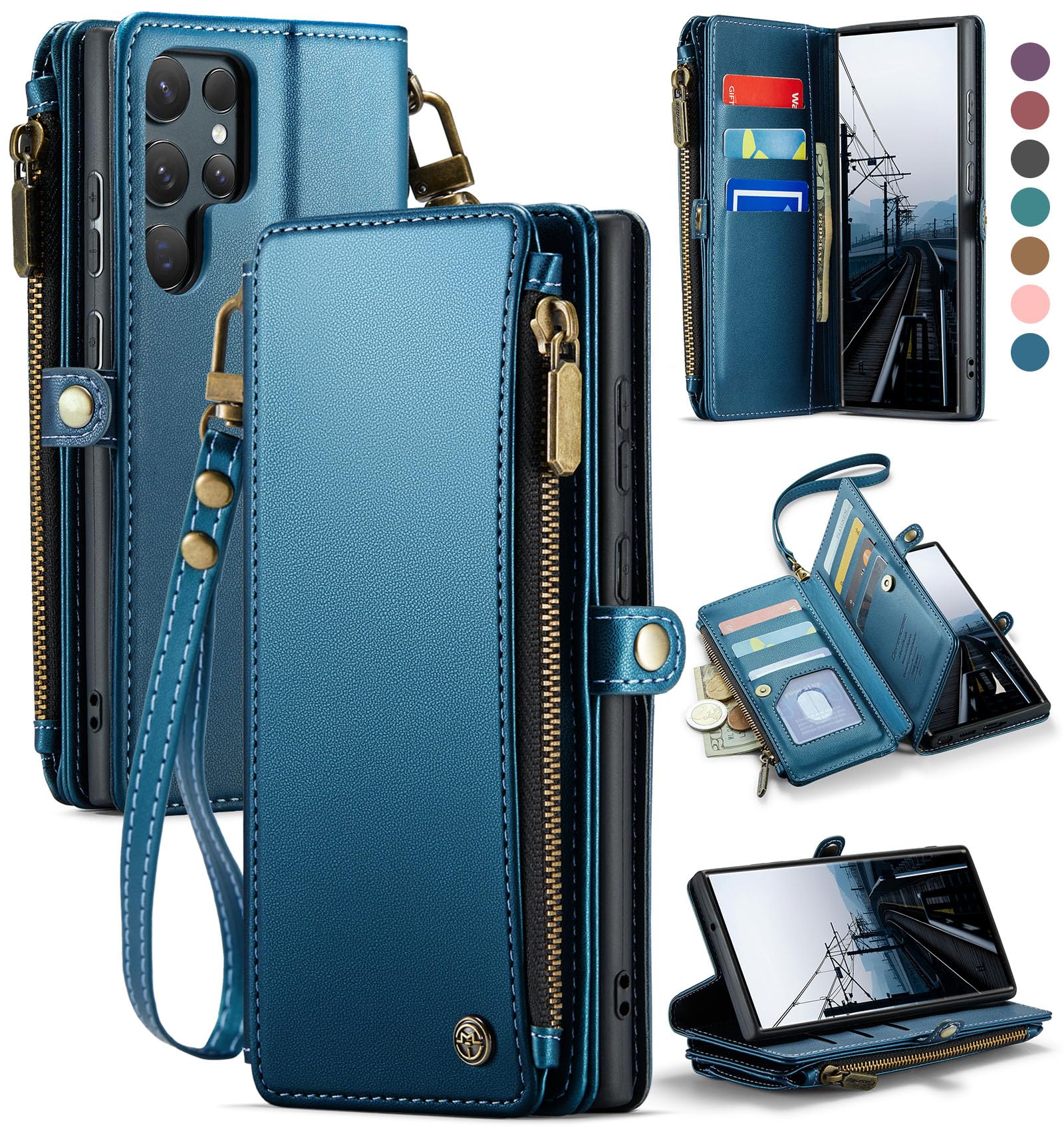Photo 1 of Defencase Compatible with Samsung Galaxy S22 Ultra Case Wallet with RFID Blocking Card Holder for Women Men, PU Leather Magnetic Snap Flip Zipper Strap Phone Case Fit for Galaxy S22 Ultra 5G, Blue