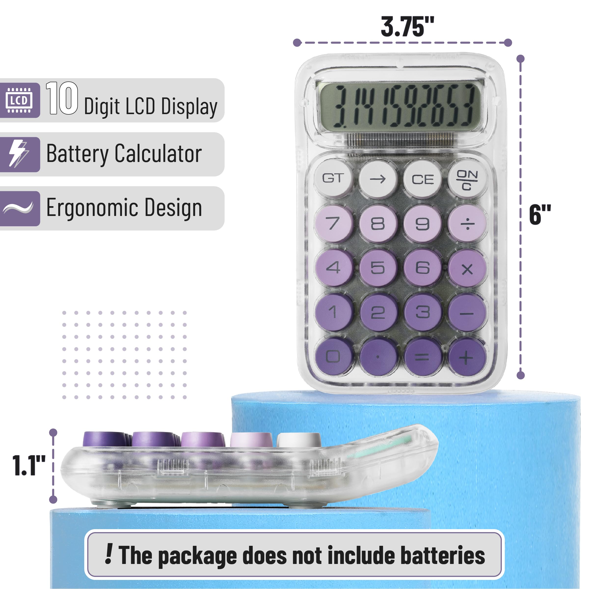 Mr. Pen- Mechanical Switch Calculator, 10 Digits, Purple, Transparent Body, Large LCD Display, Big Buttons, Desktop, Cute, Aesthetic