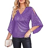 GRACE KARIN Womens Sparkly Sequin Tops,3/4 Sleeve Glitter Party Dressy Blouse,V-Neck Disco Evening Club Concert Shirt