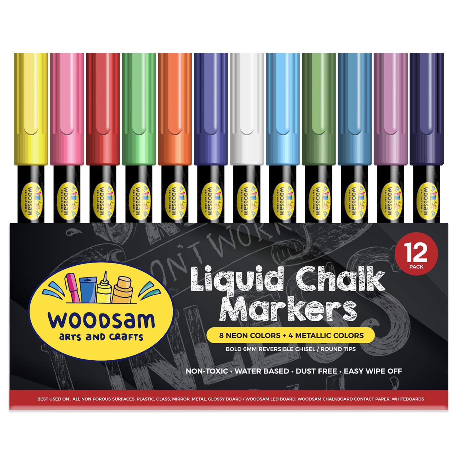 Woodsam 12 Ct Liquid Chalk Markers with 8 Neon, Bold and 4 Metallic